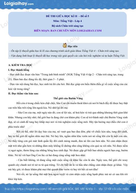 Đề thi giữa học kì 2 Tiếng Việt 4 Chân trời sáng tạo - Đề số 5